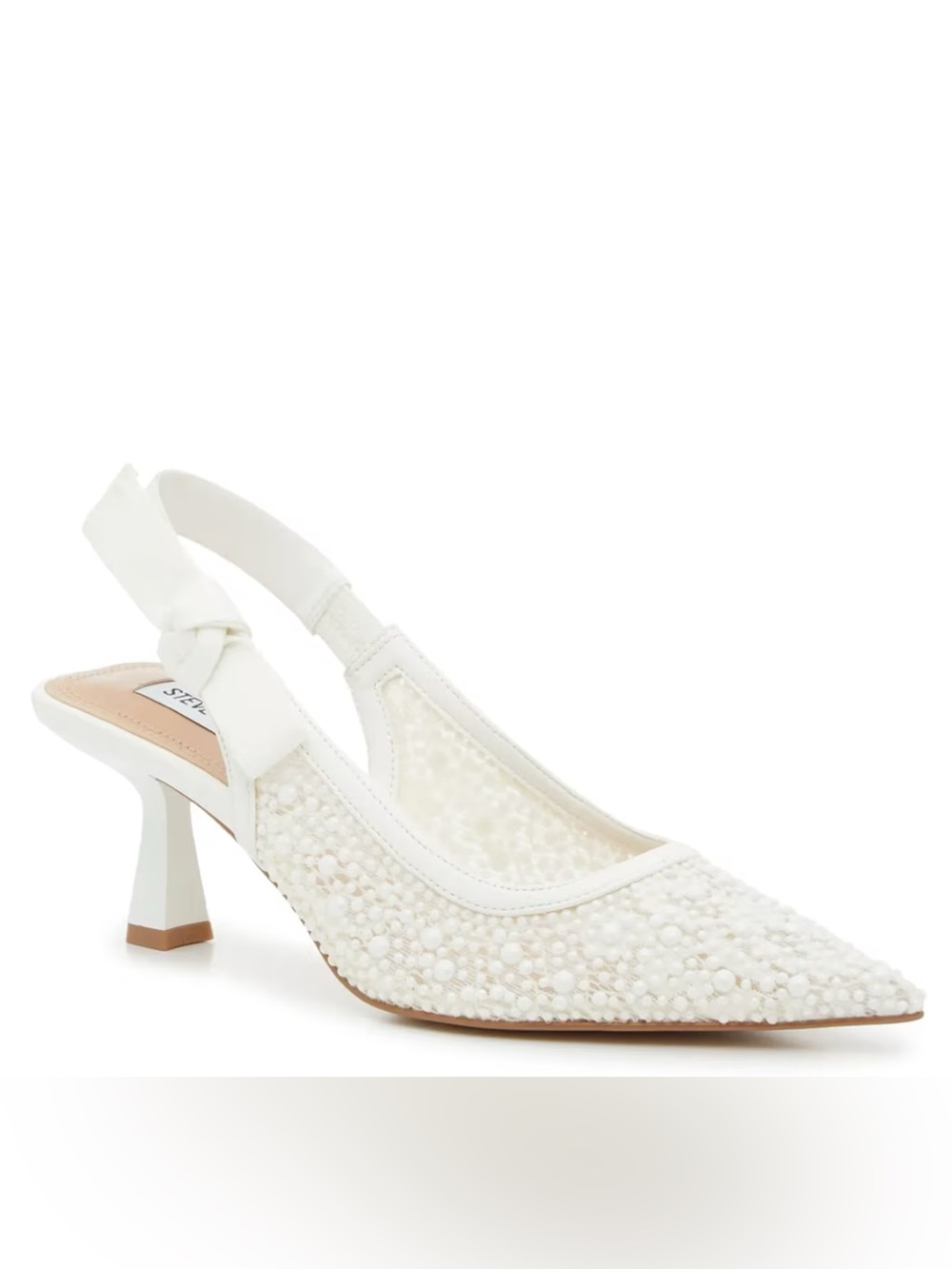 Steve Madden White Pearl-Embellished Pointed Slingback Kitten Heels